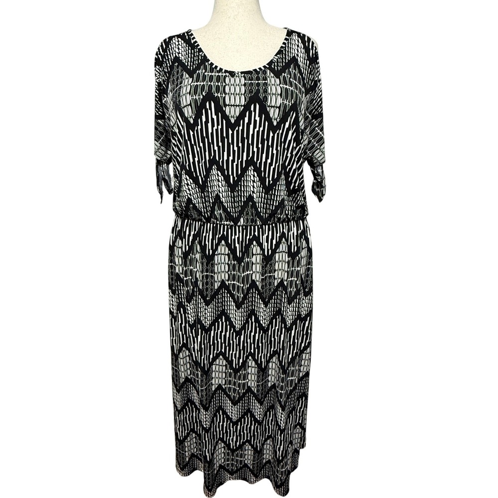 Elie McCarthy Maxi Dress 2X Black White Geometric Cold Shoulder‎